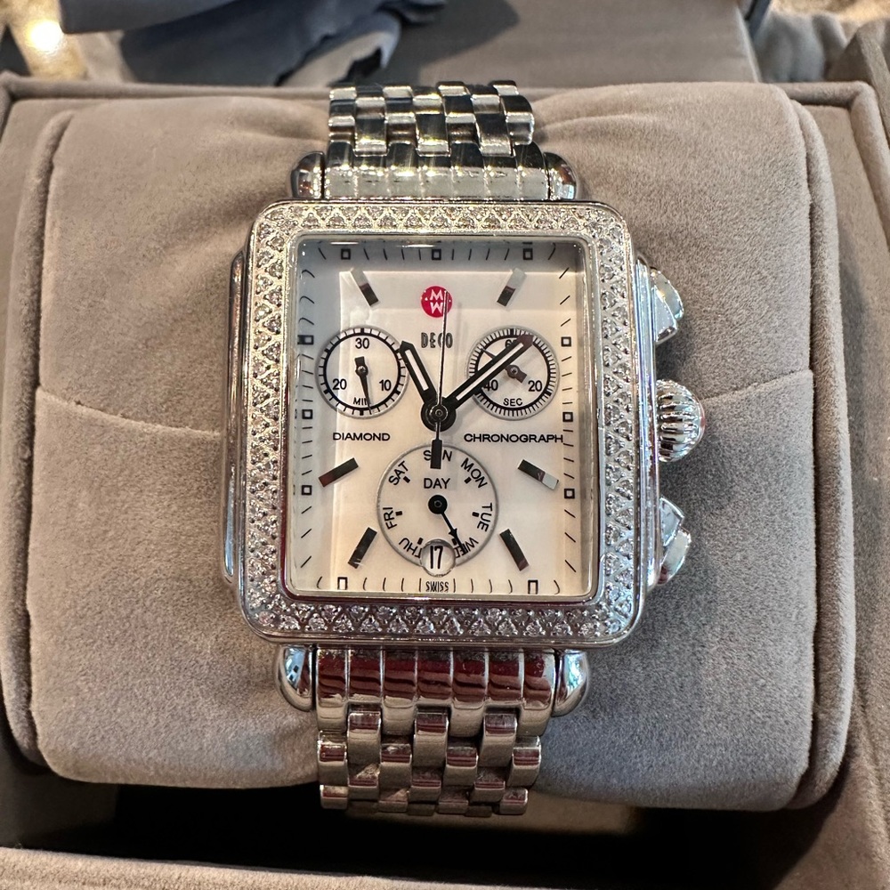 Michele Stainless Steel Deco Diamond Watch